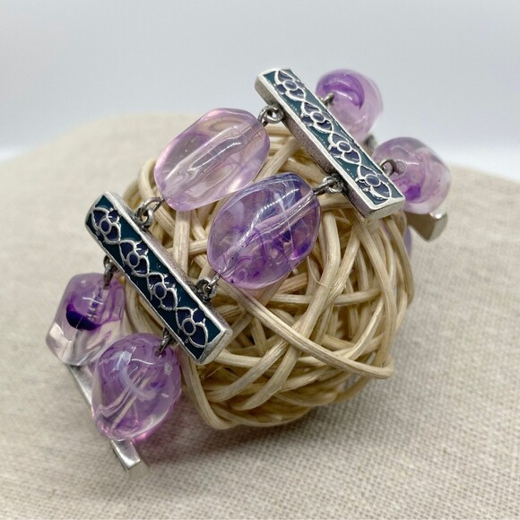 Purple Glass Beads Silver Tone with Teal Bar Bracelet Vintage Gift for Her Retro - Picture 4 of 9
